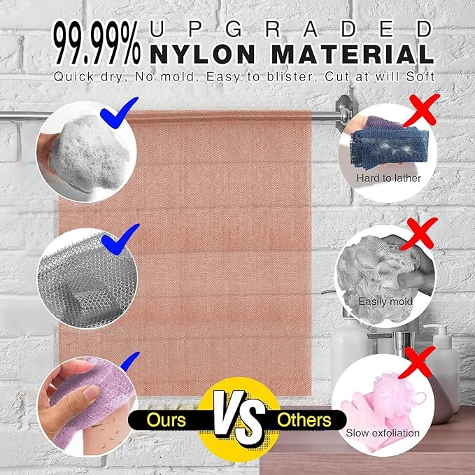 UJFQBH 3 Pieces African exfoliating net African Net Long Net Bath Sponge Exfoliating Shower Body Scrubber Back Scrubber Skin Smoother,Great for Daily Use (Purple、Gray、Brown)-VivaGrace Women