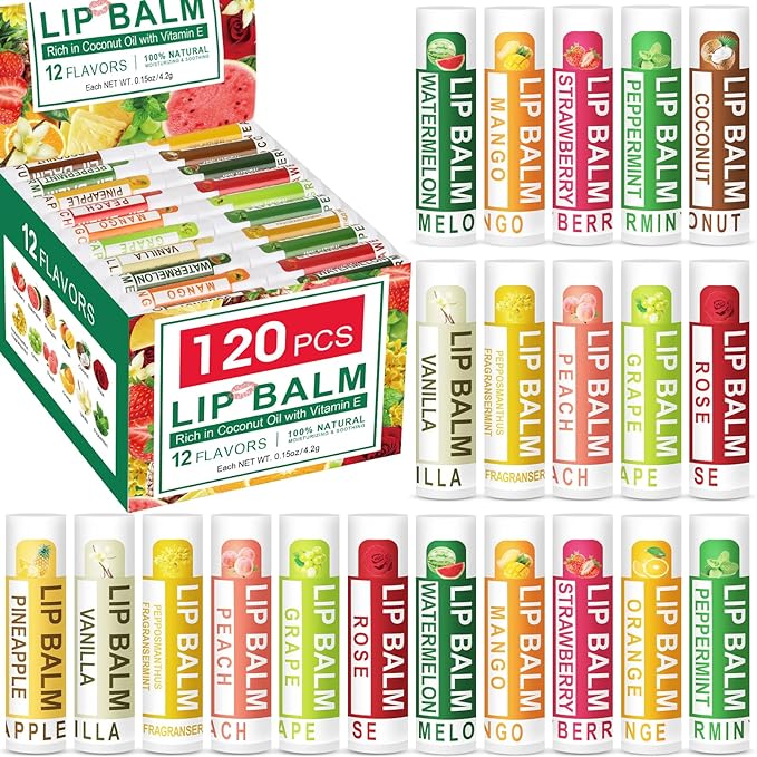 DMSKY 120 Pack Lip Balm, Natural Lip Balm Bulk with Vitamin E and Coconut Oil, Moisturizing Lip Balm for Dry Cracked Lips, Lip Balm for Stocking Stuffers - 12 Flavors-VivaGrace Women
