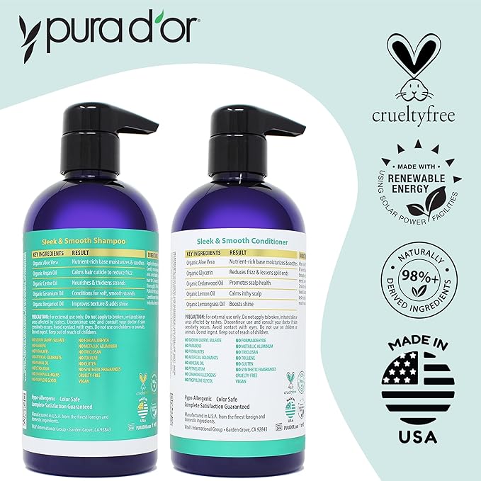 PURA D'OR Sleek & Smooth Shampoo and Conditioner Set For Frizz-Free & Silky Smooth Hair, Infused with Organic Aloe Vera, Argan Oil, Castor Oil, Bergamot Oil & Geranium Oil-VivaGrace Women