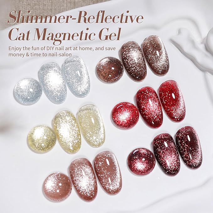 Born Pretty Cat Magnetic Eye Gel Nail Polish Reflective Glitter Gel Polish Red Silver Champagne Gold Glitter Gel Nail Polish 6PCS Set-VivaGrace Women