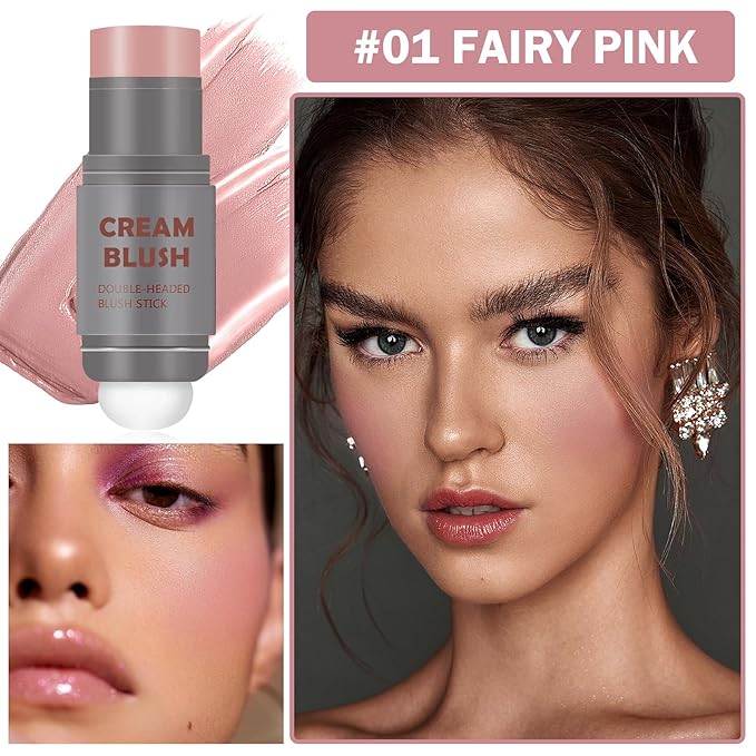 Cream Blush Stick with Sponge 3 in 1 Multi-Use Blush Makeup Stick Long Lasting Waterproof Natural Matte Cream Blush Stick for Cheeks, Lips and Eyes - Fairy Pink-VivaGrace Women