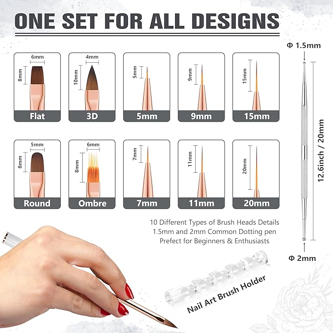 Nail Art Bushes Set, Professional 5Pcs Double-Ended Nail Brush Kit for Details, Long Lines, Ombre & 3D Design-Perfect for DIY Manicures & Salons (White)-VivaGrace Women