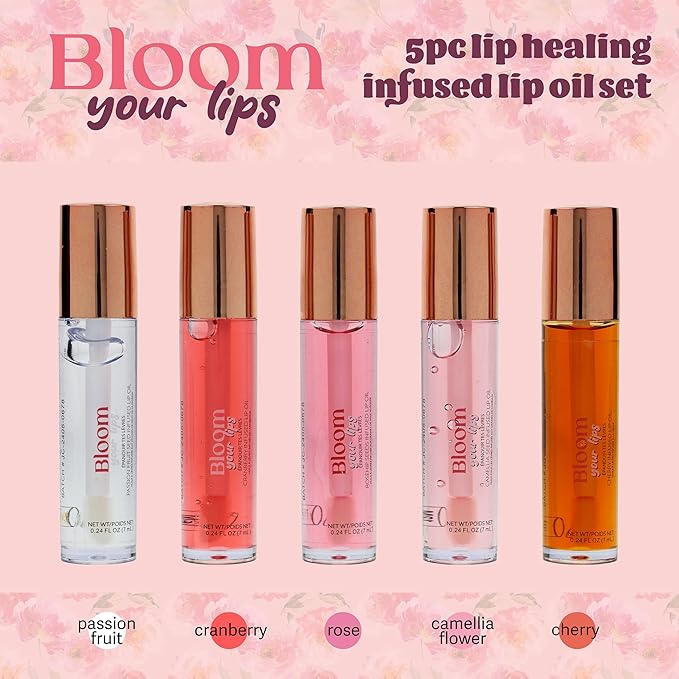 Expressions 5pc Lip Oil Set - Bloom Your Lips Style Essentials Lip Oils, Lip Healing Lip Oil Collection with Precision Applicator Wand | Moisturizing for Everyday Lip Care and Lip Repair (FLORAL)-VivaGrace Women