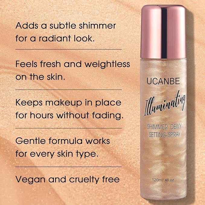 UCANBE Shimmer Dewy Setting Spray – Glowing + Makeup Setting Spray 2 in 1 Lightweight Formula for a Radiant Glow,Long-Lasting Face Mist for Face Body, 4 Fl Oz #Champagne-VivaGrace Women