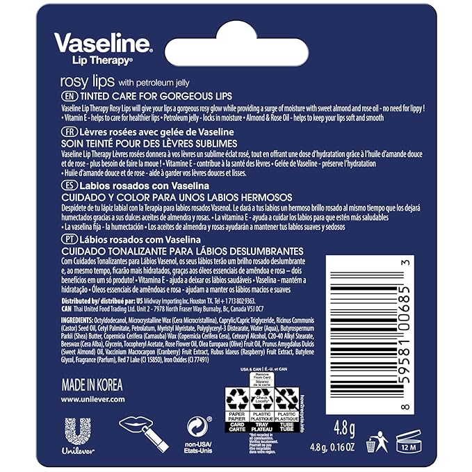 Vaseline Lip Therapy Rosy Lips - Hydrating Lip Balm Pack, Vaseline Stick, Lip Moisturizer for Dry Lips, 0.16 Oz Each (Pack of 8)-VivaGrace Women