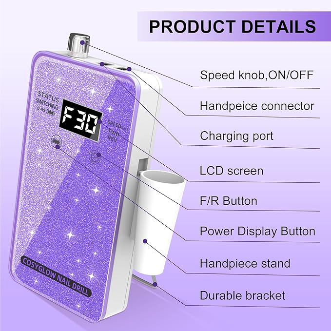 Professional Electric Nail Drill File:COSYGLOW Glitter Portable Cordless E-File Nail Drill Kit with 11 Drill Bits,30000 RPM Rechargeable Nail Drills Machine for Acrylic Nails Gel Polishing(Purple)-VivaGrace Women