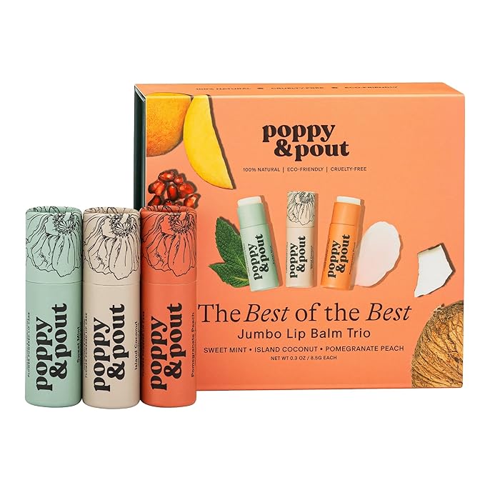 Jumbo Lip Balm Gift Set (3-Pack, Top Flavors) | Poppy & Pout All Natural Lip Balms & Moisturizers | Hydrates with Beeswax, Vitamin E, Organic Coconut Oil | Cruelty-Free | Recyclable Cardboard Tube-VivaGrace Women