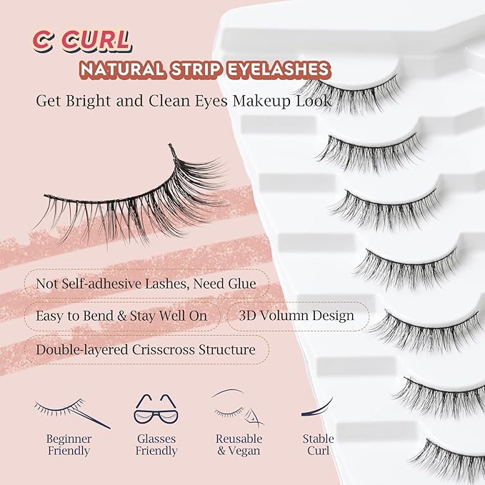 Natural Lashes Wispy Eyelashes Natural Look Short Lashes Pack 12mm Eyelashes C Curl False Lashes Thinner Band 3D Volume Fake Eyelashes 7 Pair Siligli-VivaGrace Women