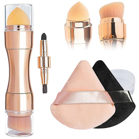 kullder 4 in 1 Makeup Brush Travel Makeup Brushes Blend Sponge, Eyebrow, Eyeshadow & Blush Brushes for Foundation Concealer Double Ended Makeup Brush with Powder Puff Women Ideal Gifts-VivaGrace Women