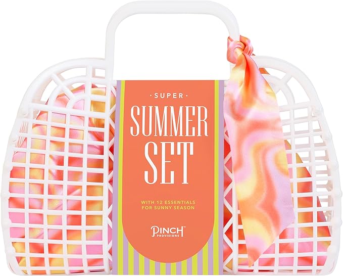 Pinch Provisions Super Summer Jelly Tote, 12 Beach & Poolside Accessories For Beauty, Perfect for Pool & Beach Days, Includes Oil Absorbing Roller, Rechargable Fan, Towel Clips, & Ice Roller-VivaGrace Women