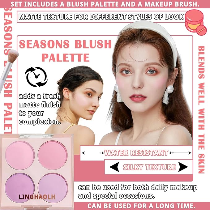 4 Colors Blush Palette for Cheeks,Face Matte Contour Blush Makeup Palette,Buildable Shimmer Facial Cheek Blusher Shades,Blendable Cosmetic Makeup Blush with Blush Brush 02-VivaGrace Women