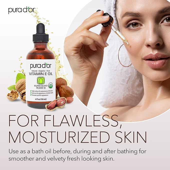 PURA D'OR 4 Oz ORGANIC Vitamin E Oil Blend - 100% Natural Hexane Free, Sweet Almond, Apricot, Jojoba, Argan, Rosehip, Sunflower & Avocado Bath Oil For Scars, Skin, Face & Full Body-VivaGrace Women