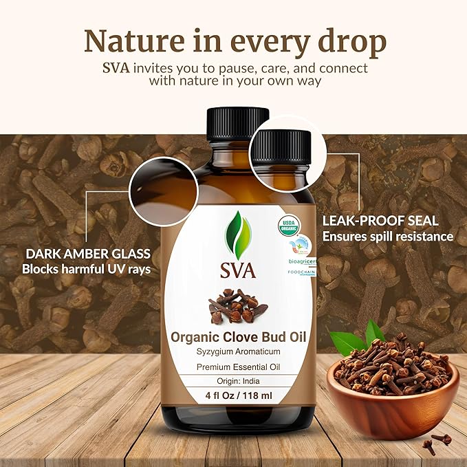 SVA Clove Essential Oil Organic – 4 Fl Oz – 100% Natural Organic Clove Oil - for Diffuser, Hair Care, Face, Skin Care, Aromatherapy, Scalp and Body Massage, Soap and Candle Making - with Dropper-VivaGrace Women