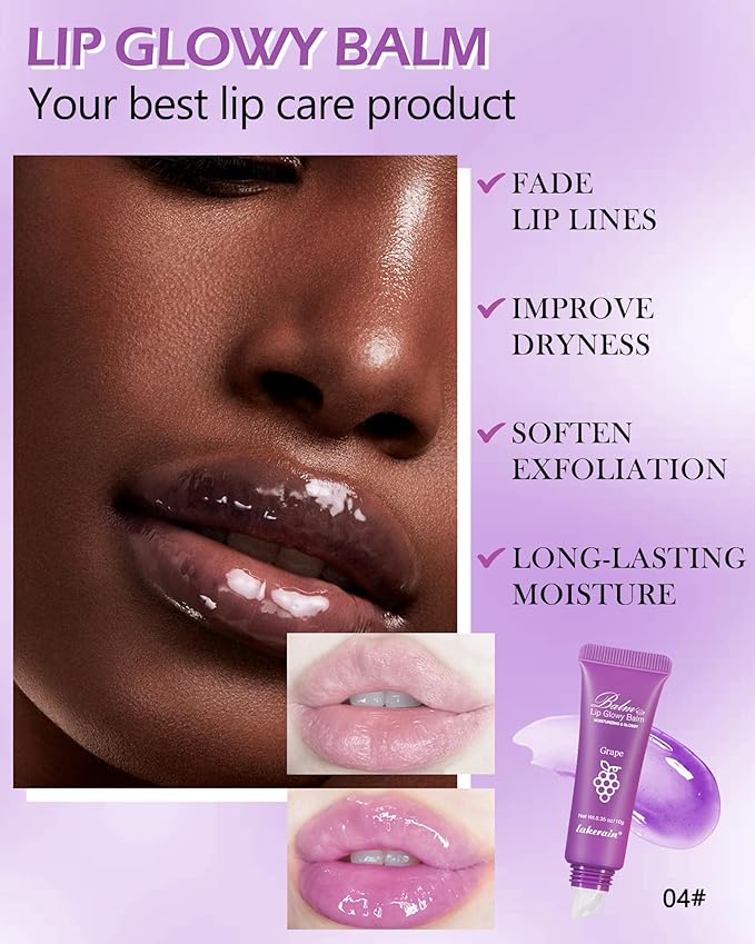 Hydrating Lip Glowy Balm, Ultra-Nourishing Lip Balm for Dry Cracked Lips, Moisturizer Lip Repair Sleeping Lip Mask, Day and Night Lip Care Therapy Treatment,Glossy Smooth Lip Butter Balm-04#Grape-VivaGrace Women
