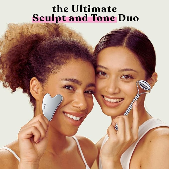 Stainless Steel Face Roller - Premium Gua Sha Facial Tools Stainless Steel GuaSha Tool and Face Roller Set - Gua Sha Stainless Steel Gua Sha Tool - Metal Face Roller and Gua Shua Set - Spa Gifts-VivaGrace Women