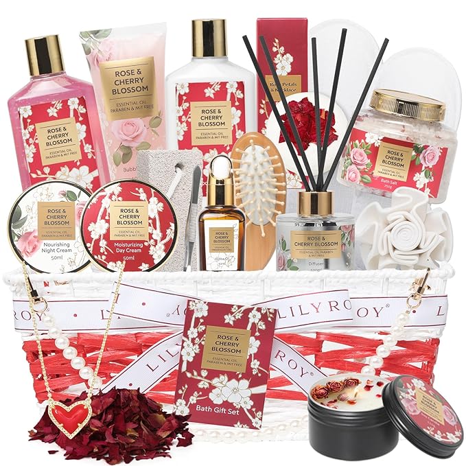 Mothers Day Gifts for Mom Rose & Cherry Blossom Spa Gift Set for Women - 19-Piece Luxury Bath & Body Care Kit with Necklace, DIY Chain, Shower Gel | Valentine's Day, Christmas Gifts for Her, Wife-VivaGrace Women