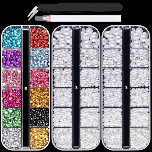 Flat Back Rhinestone+Half Round Pearl Kits Colorful Rhinestones+White Pearls with Picker Pencil and Tweezer for Home DIY and Professional Use-VivaGrace Women