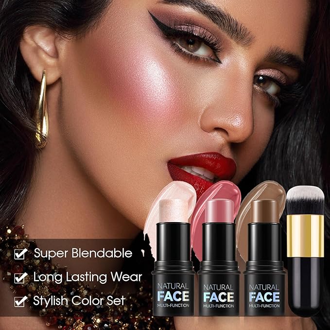 3Pcs Cream Contour Stick Makeup Kit - Cream Blush Stick Highlighter Stick Contour Bronzer Stick for Cheeks, Waterproof Long Lasting Blendable, Contour Stick Trio for Face Makeup (#02, 05, 06)-VivaGrace Women