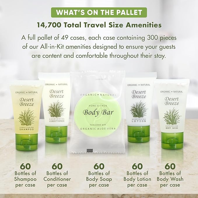 Desert Breeze Hotel Soaps and Toiletries Bulk Set | 1oz Hotel Shampoo & Conditioner, Body Wash, Body Lotion & Bar Soap | Full Pallet 49 cases with 300 units each - 14,700 pieces-VivaGrace Women