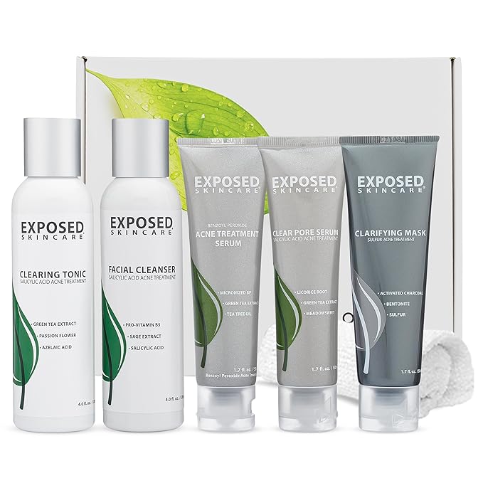 Exposed Skin Care Acne Treatment Kit - Includes Facial Cleanser, Clearing Tonic, Acne Treatment Serum, Clear Pore Serum, Clarifying Mask, Cloth - Natural Acne Solution for Face, All Ages & Skin Types-VivaGrace Women