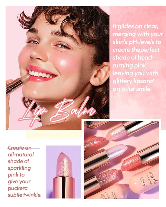 Glimmer Balm, Tinted Lip Balm Long Lasting PH Lipstick, Color Changing Lipstick Natural Chapstick, Glitter Pink Shade Lipstick (Pearl)-VivaGrace Women