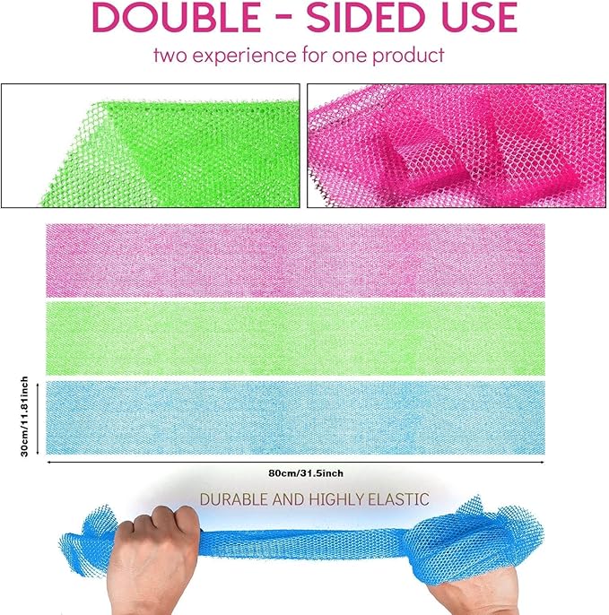 UJFQBH 3 Pieces African Bath Sponge African Net Long Net Bath Sponge Exfoliating Shower Body Scrubber Back Scrubber Skin Smoother,Great for Daily Use (Rose Red, Blue, Green)-VivaGrace Women
