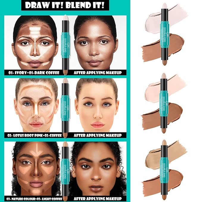 MEICOLY 2-in-1 Highlighter Contour Stick,Cool Toned Contour Stick,Makeup Highlighter Stick,Long Lasting Waterproof Bronzer Contour Pencil,Travel Cream Face Shaping Stick,03-VivaGrace Women