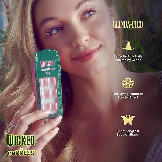 WICKED X imPRESS Design Press On Nails , The EASIEST NO GLUE Mani, Super Hold Adhesive, ‘Glinda-fied’, Pink, Short Squoval, Includes 30 Fake Nails, 1 Prep Pad, 1 Manicure Stick, 1 Mini File