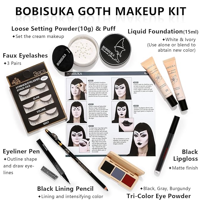 Halloween Goth Makeup, Complete Goth Make Up Set with White Foundation, Black Lipstick, Dark Smokey Eyeshadow Kit for SFX Gothic Makeup, Cosplay, Costume Party, Theater and Film-VivaGrace Women