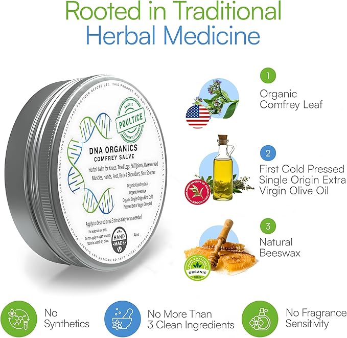 DNA Organics Comfrey Salve – Herbal Balm for Muscles, Knees & Joints – Organic, Handcrafted, Slow Infused, No Fillers – Scent-Free – for Dry Skin & Post-Workout Care – 4oz-VivaGrace Women