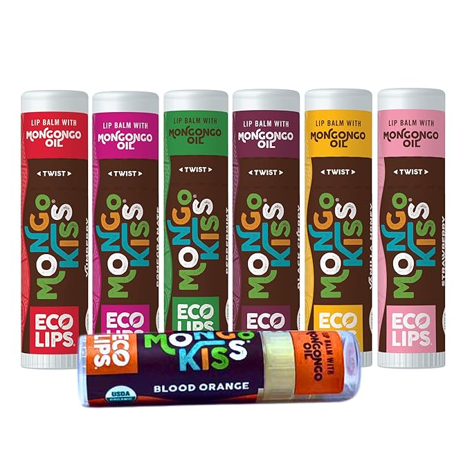 Eco Lips Mongo Kiss Organic Lip Balm 7 Pack - Blood Orange, Black Cherry, Pomegranate, Vanilla Honey, Peppermint, Strawberry Lavender, Yumberry | Mongongo Oil to Soothe & Moisturize Dry, Cracked Lips-VivaGrace Women