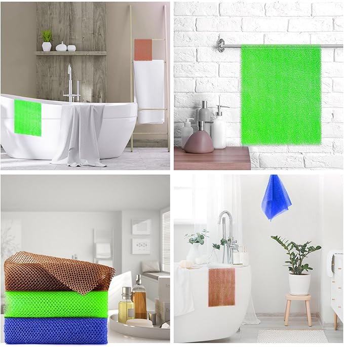 UJFQBH 3 Pieces African Bath Sponge African Net Long Net Bath Sponge Exfoliating Shower Body Scrubber Back Scrubber Skin Smoother,Great for Daily Use (Brown、Blue、Green)-VivaGrace Women