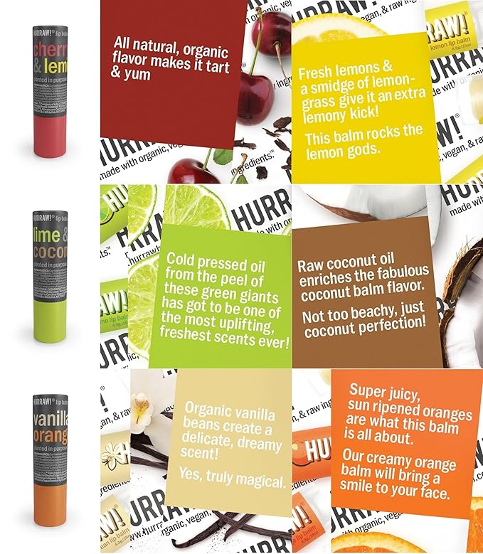 Hurraw! Cherry Lemon, Lime Coconut, and Vanilla Orange Lip Balm 3 Pack Bundle: Plastic-Free with new cardboard push-up tube. Certified Organic, Natural & Vegan. Bee, Shea, Soy & Palm Free. Made in USA-VivaGrace Women