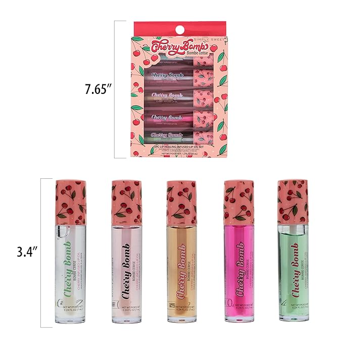 Expressions 5pc Lip Oil Set - Cherry Bomb Lip Oils, Lip Healing Cherry Infused Lip Oil Collection with Precision Applicator Wand Everyday Lip Care and Lip Repair (CHERRY BOMB)-VivaGrace Women