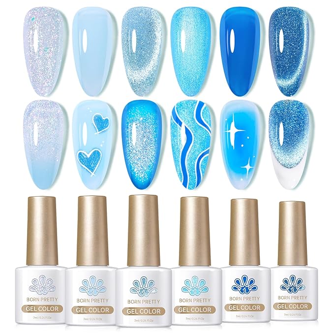 Born Pretty Gel Nail Polish Blue Series,Jelly Transparent,Cat Magnetic Eye,Shimmer Glitter Holographic Blue Gel Polish Kit for Salon Manicure and Nail Art DIY at Home 6Colors-VivaGrace Women