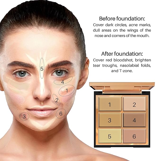 FV 6 Colors Cream Concealer Palette, Full Coverage & Long Lasting Colors Corrector Palette for Dark Circles, Redness, Acne with Natural Finish Cream Foundation Palette, 01 Light Shade-VivaGrace Women