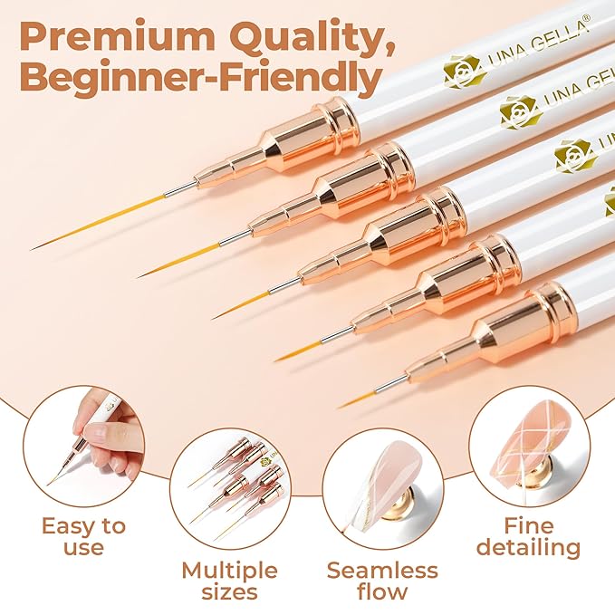 UNA GELLA Nail Art Brushes Metallic, Liner Pens Set For Nail Art Gel Polish, 5Pcs White Color, Detail Nail Art Design Painting Brush Set For Nails Gel Fine Drawing Nail Tools, Sizes 7/9/11/15/25mm-VivaGrace Women