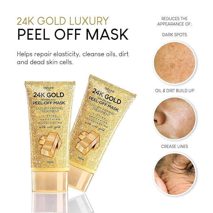 AZURE 24K Gold Firming Peel Off Face Mask - Anti Aging, Lifting, Illuminating & Revitalizing - Removes Blackheads, Dirt & Oil with Hyaluronic Acid & Collagen - Korean Skin Care - 150 mL - Pack of 2-VivaGrace Women