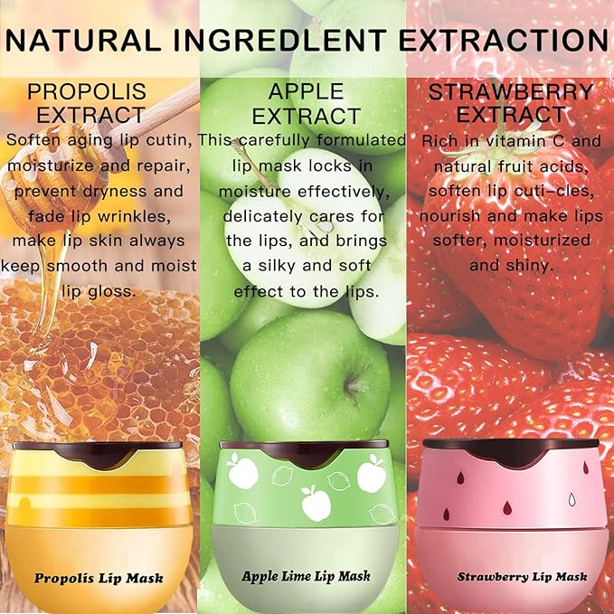 3 PCS Lip Balm Honey Pot, Honey Apple Strawberry Lip Masks Overnight, Propolis Moisturizing Lip Sleeping Mask, Prevention Dry Crack Lip Repair Nourishes the Lip Skin and Lip Wrinkle Care.-VivaGrace Women