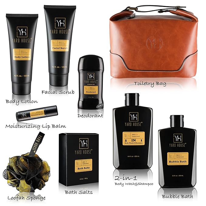 Bath and Body Gift Set for Men - Sandalwood Amber - Birthday, Christmas, Fathers Day Gifts From Wife Daughter Son for Husband, Dad - Relax Spa Kit w. Full Size Items in Deluxe Toiletry Bag-VivaGrace Women