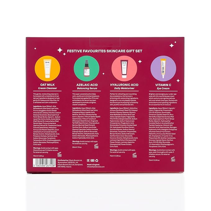 Q+A Festive Favourites Gift Set, containing a Hyaluronic Acid Moisturiser (75ml), an Oat Milk Cream Cleanser (75ml), an Azelaic Acid Serum (30ml), and a Caffeine Eye Serum (15ml)-VivaGrace Women