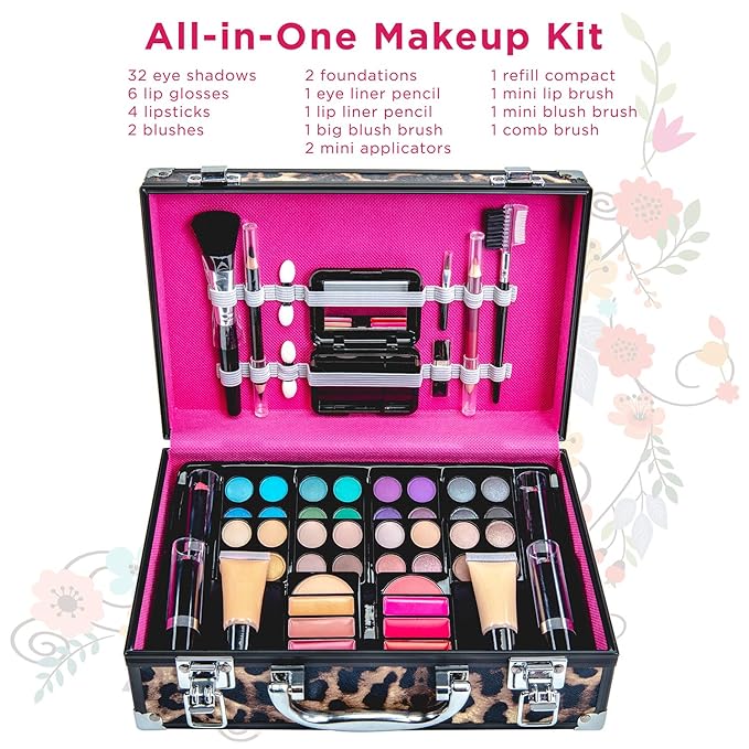 Makeup Kit Gift Set – 79 Piece - 32 Eye Shadows, 2 Blushes, 2 Lip Glosses, 2 Lipsticks, 2 Eye Liner Pencils, 1 Lip Liner Pencil, 1 Mascara - Case with Carrying Handle-VivaGrace Women