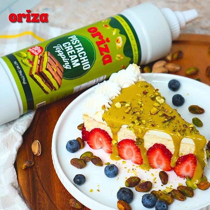 Oriza Pistachio Cream Topping, 28oz Bottle – Premium Pistachio Spread with 30% Pistachios, Palm Oil Free, Non-GMO, Natural Color – Dessert, Latte & Baking Cream