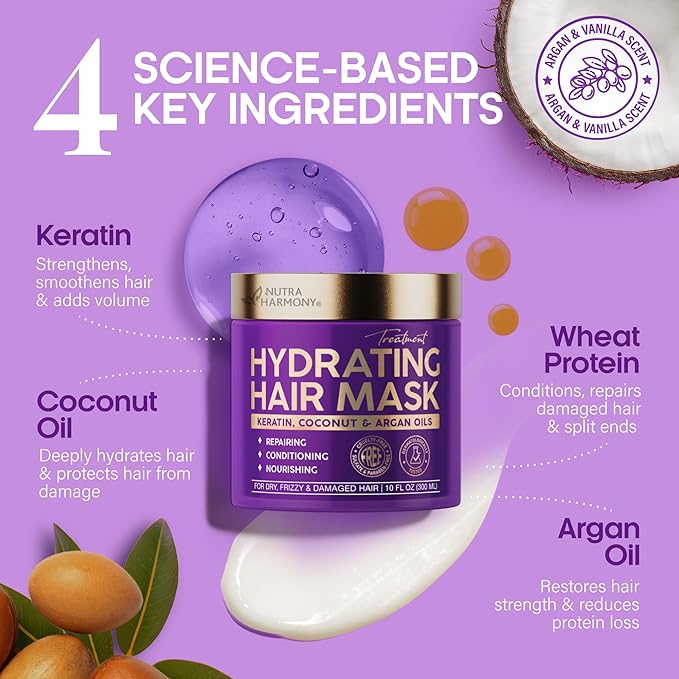 NUTRAHARMONY Hydrating Hair Mask for Dry, Frizzy & Damaged Hair – Deep Conditioning Keratin Treatment with Argan & Coconut Oils, Collagen & Biotin – Repairing, Anti-Frizz Hair Mask for Women, 10oz-VivaGrace Women