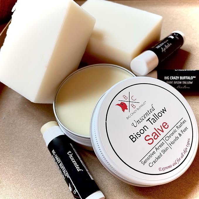 Pure Bison Tallow Unscented Gift Set - Buff Bar, Salve, & 3 Unscented Lip Balms - Cleans, Moisturizes, Soothes, Naturally Derived - No Dyes, Chemicals, Fragrances, or Preservatives-VivaGrace Women