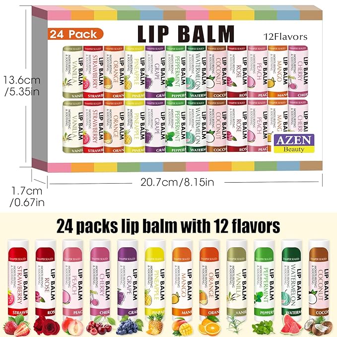 AZEN 24 Pack Lip Balm Stocking, Natural Lip Balm Bulk, Moisturizing Lip Balm for Dry Lips-VivaGrace Women