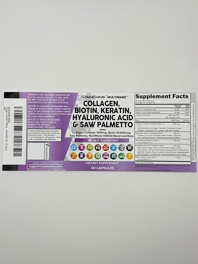 Clean Nutraceuticals Collagen Pills 1000mg Biotin 10000mcg Keratin Saw Palmetto Hyaluronic Acid - Hair Skin & Nails Vitamins & DHT Blocker with Vitamin E Folic Acid Pumpkin Seed MSM - 90 Count-VivaGrace Women