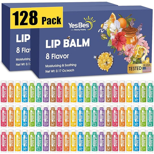 128 Pack Lip Balm, Natural Lip Balm Bulk with Vitamin E and Coconut Oil, Moisturizing Lip Balm for Dry Cracked Lips, Lip Balm for Stocking Stuffers - 8 Flavors-VivaGrace Women