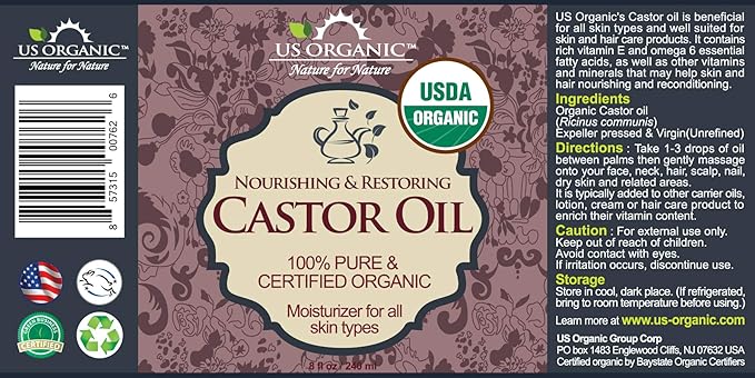 US Organic Castor Oil, USDA Certified Organic,Expeller Pressed, Hexane Free, 100% Pure & Natural moisturizing and emollient properties, For Skin, Hair Care, Eyelashes, DIY projects (8 oz (240 ml))-VivaGrace Women