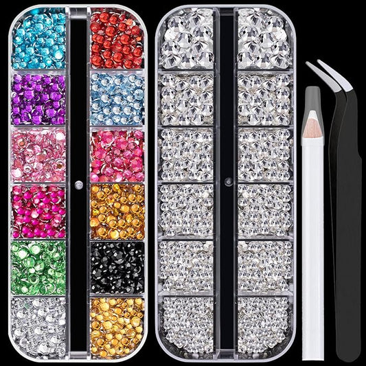 Flat Back Rhinestone Kits Colorful Rhinestones+Transparent White Gems With Picker Pencil And Tweezer For Home DIY And Professional Nail Art-VivaGrace Women